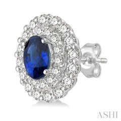 6x4 MM Oval Shape Sapphire and 3/4 ctw Round Cut Diamond Precious Earrings in 14K White Gold