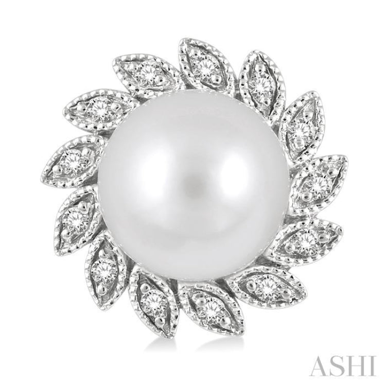 6x6 MM Round Shape Cultured Pearls and 1/10 Ctw Sunflower Round Cut Diamond Earrings in 10K White Gold