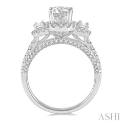 7/8 Ctw Oval Shape Tri-Mount Baguette and Round Cut Diamond Semi-Mount Engagement Ring in 14K White Gold