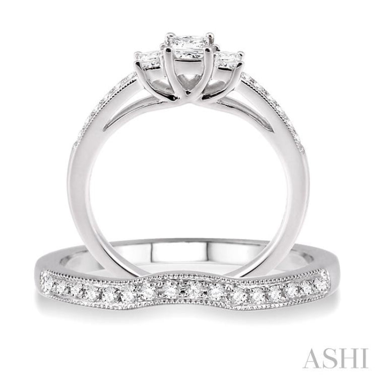 1/2 ctw Diamond Wedding Set with 3/8 ctw Princess Cut Engagement Ring and 1/10 ctw Wedding Band in 14K White Gold