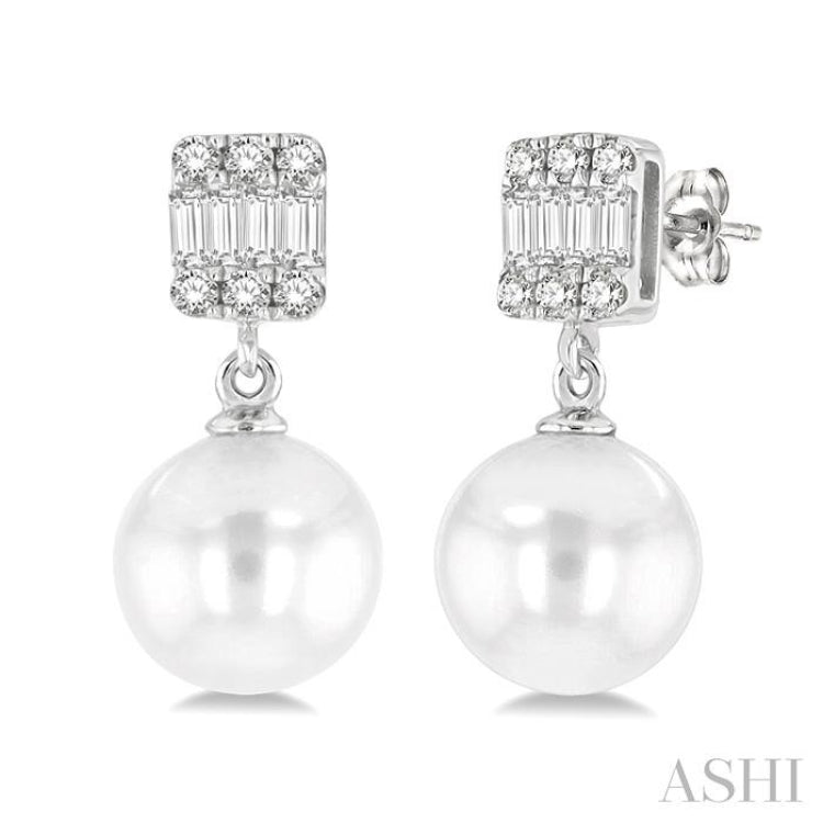 6 MM Cultured Pearls and 1/10 Ctw Baguette and Single Cut Diamond Earrings in 14K White Gold