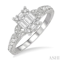 1/2 Ctw Carved Shank Fusion Baguette and Round Cut Diamond Engagement Ring in 14K White Gold