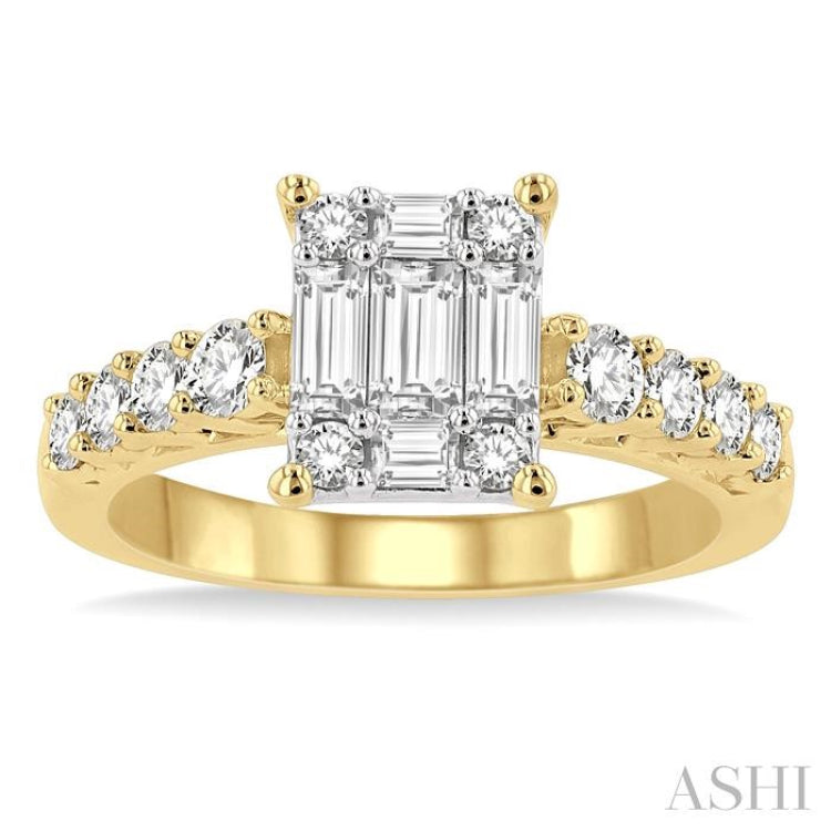 1 Ctw Fusion Baguette and Round Cut Diamond Engagement Ring in 14K Yellow and White gold