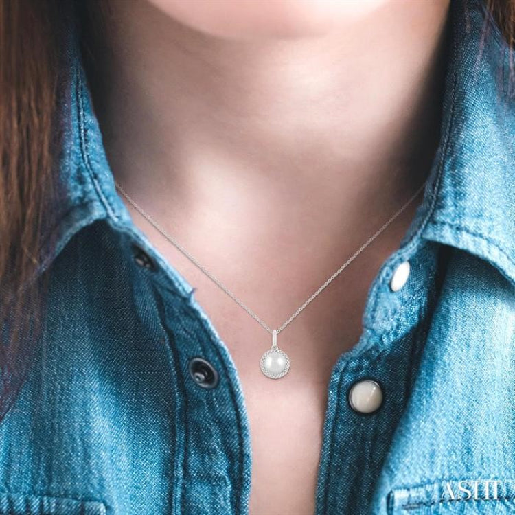 6 MM Round Shape Cultured Pearl and 1/20 Ctw Petite Round Cut Diamond Halo Fashion Pendant With Chain in 10K White Gold