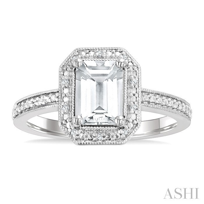 7X5 MM Octagon Shape White Topaz and 1/50 Ctw Round Cut Diamond Semi-Precious Ring in Sterling Silver