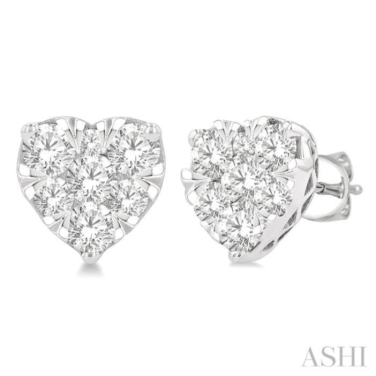 1 Ctw Heart Shape Lovebright Round Cut Diamond Stud Earrings in 14K White Gold