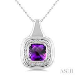 8 MM Cushion Shape Amethyst and 1/20 Ctw Round Cut Diamond Bold Semi-Precious Pendant With Chain in Sterling Silver