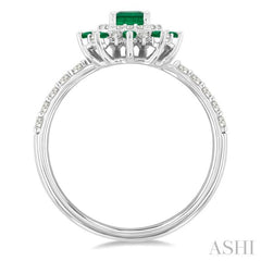 6X4 MM Emerald Shape & 1.5 MM Round Cut Emerald and 1/3 Ctw Round Cut Diamond Floral Precious Ring in 14K White Gold