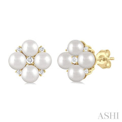 4 MM Round Shape Floral Cultured Pearls and 1/10 Ctw Round Cut Diamond Fashion Stud Earring in 10K Yellow Gold