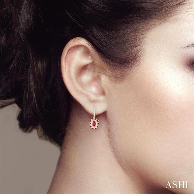 5x3 MM Oval Cut & 1.45 MM Round Cut Ruby and 1/3 ctw Round Cut Diamond Precious Earring in 14K Yellow Gold
