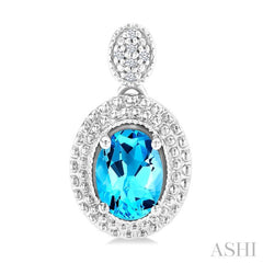 7X5 MM Oval Cut Blue Topaz and 1/20 Ctw Round Cut Diamond Semi-Precious Earrings in Sterling Silver