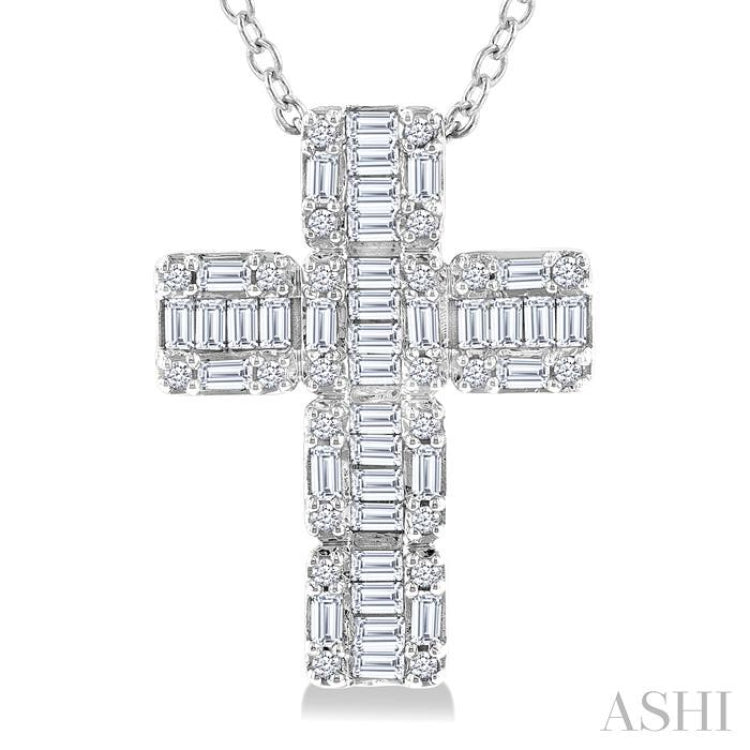 1/2 Ctw Fusion Baguette and Round Cut Diamond Cross Fashion Pendant With Chain in 14K White Gold