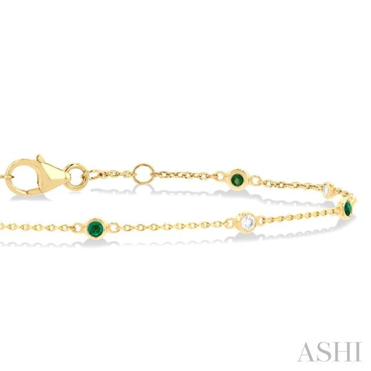 1.8 MM Emerald and 1/10 Ctw Bezel Set Round Cut Diamond Precious Gemstone Station Bracelet in 14K Yellow Gold