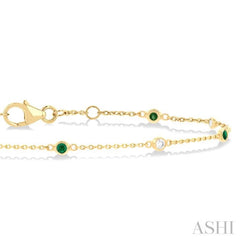 1.8 MM Emerald and 1/10 Ctw Bezel Set Round Cut Diamond Precious Gemstone Station Bracelet in 14K Yellow Gold