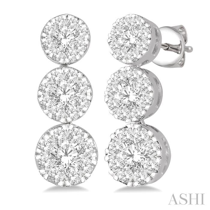 1 Ctw Hanging Triple Mount Lovebright Round Cut Diamond Earrings in 14K White Gold