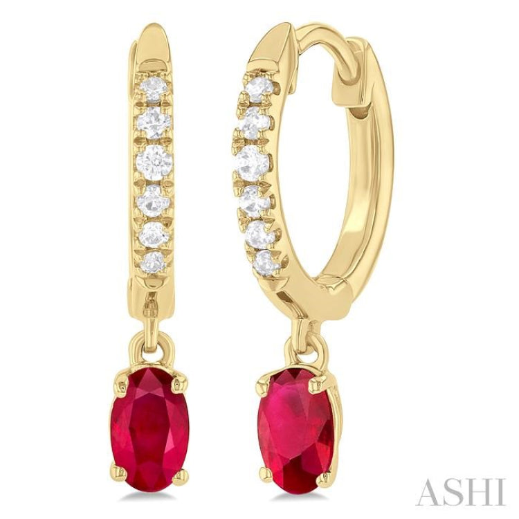 5x3 MM Oval Cut Ruby and 1/8 Ctw Petite Round Cut Diamond Precious Fashion Huggies in 10K Yellow Gold