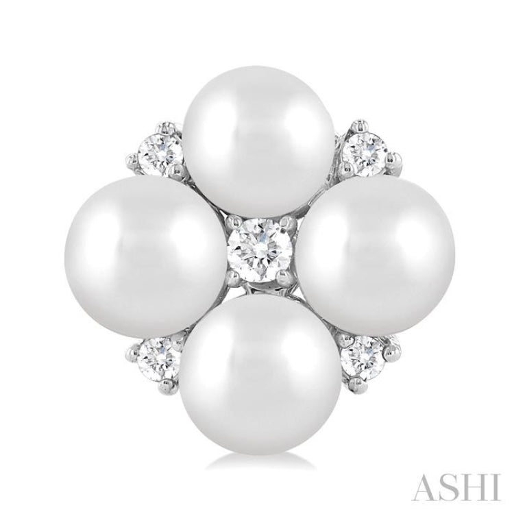 4 MM Round Shape Floral Cultured Pearls and 1/10 Ctw Round Cut Diamond Fashion Stud Earring in 10K White Gold