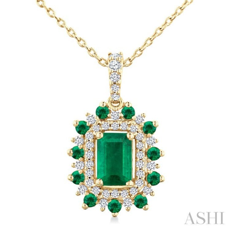 6X4 MM Emerald Cut & 1.55 MM Round Cut Emerald and 1/5 Ctw Round Cut Diamond Floral Precious Pendant With Chain in 14K Yellow Gold
