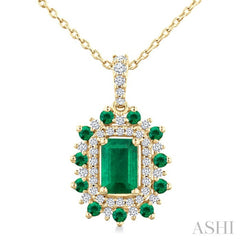 6X4 MM Emerald Cut & 1.55 MM Round Cut Emerald and 1/5 Ctw Round Cut Diamond Floral Precious Pendant With Chain in 14K Yellow Gold