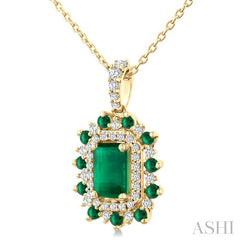 6X4 MM Emerald Cut & 1.55 MM Round Cut Emerald and 1/5 Ctw Round Cut Diamond Floral Precious Pendant With Chain in 14K Yellow Gold