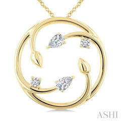 1/4 Ctw Branched Leaf Pear and Round Cut Diamond Circle Fashion Pendant With Chain in 14K Yellow Gold