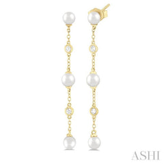 4 MM Round Shape Cultured Pearl and 1/20 Ctw Round Cut Diamond Station Long Earrings in 14K Yellow Gold