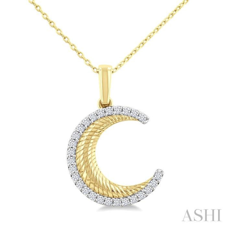 1/5 Ctw Spiral Textured Crescent Moon Round Cut Diamond Pirouette Fashion Pendant With Chain in 10K Yellow Gold