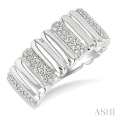 1/10 Ctw Wide Ribbed Plain Polished and Round Cut Diamond Pirouette Bold Fashion Band in Sterling Silver