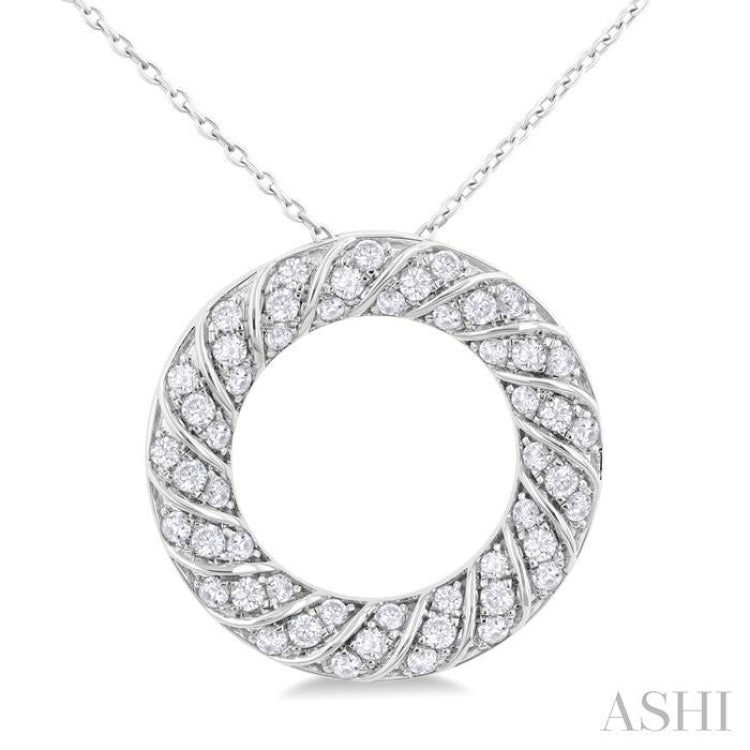 1/2 ctw Ribbed Swirl  Circle Round Cut Diamond Fashion Pendant With Chain in 14K White Gold