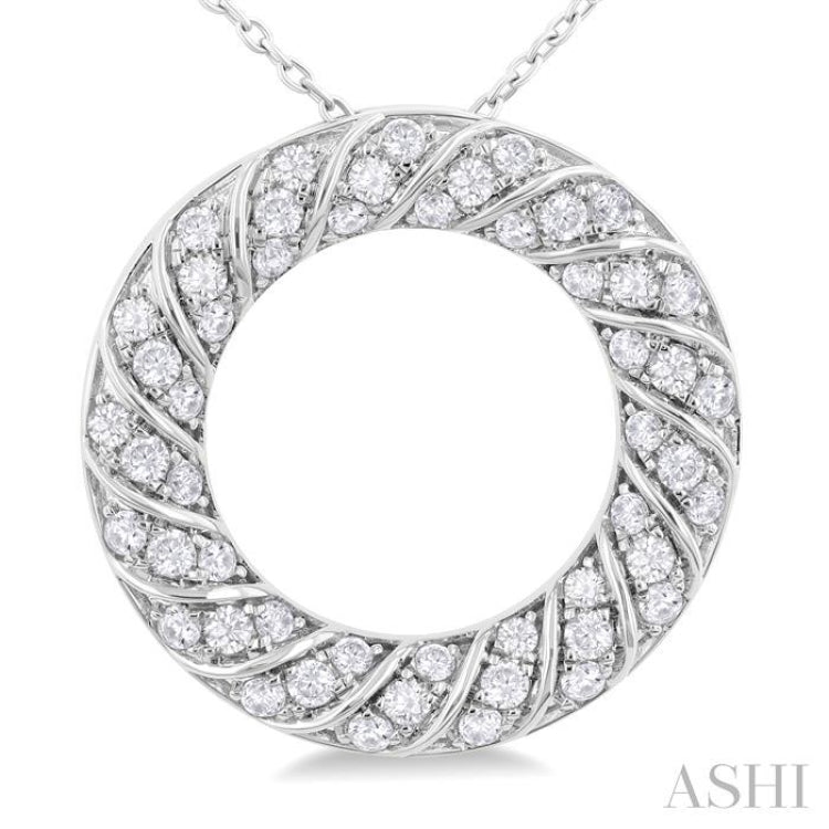 1/2 ctw Ribbed Swirl  Circle Round Cut Diamond Fashion Pendant With Chain in 14K White Gold