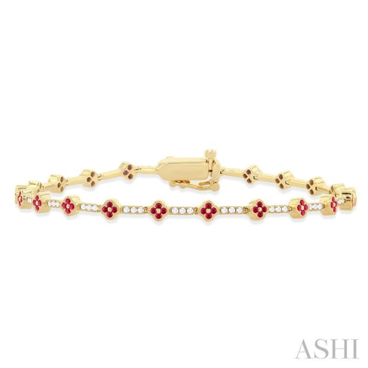 1.00 MM Round Shape Ruby and 1/2 Ctw Clover Leaf & Bar Link Round Cut Diamond Precious Bracelet in 14K Yellow Gold
