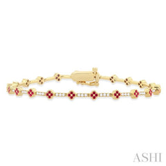1.00 MM Round Shape Ruby and 1/2 Ctw Clover Leaf & Bar Link Round Cut Diamond Precious Bracelet in 14K Yellow Gold