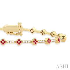 1.00 MM Round Shape Ruby and 1/2 Ctw Clover Leaf & Bar Link Round Cut Diamond Precious Bracelet in 14K Yellow Gold