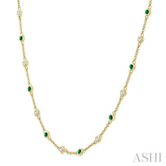 1.9 MM Round Shape Emerald and 1/2 Ctw Round Cut Diamond Precious Station Necklace in 14K Yellow Gold