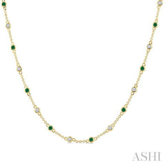 1.9 MM Round Shape Emerald and 1/2 Ctw Round Cut Diamond Precious Station Necklace in 14K Yellow Gold