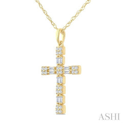 1/3 Ctw Geometric Cross Fusion Baguette and Round Cut Diamond Fashion Pendant With Chain in 14K Yellow Gold