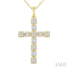 1/3 Ctw Geometric Cross Fusion Baguette and Round Cut Diamond Fashion Pendant With Chain in 14K Yellow Gold