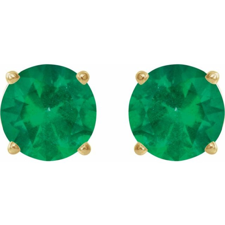14K Yellow 7 mm Lab-Grown Emerald Stud Earrings
