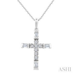 1/20 Ctw Baguette and Round Cut Diamond  Cross Shape Fashion Pendant With Chain in 10K White Gold