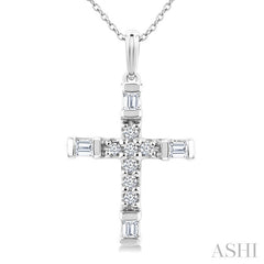 1/20 Ctw Baguette and Round Cut Diamond  Cross Shape Fashion Pendant With Chain in 10K White Gold