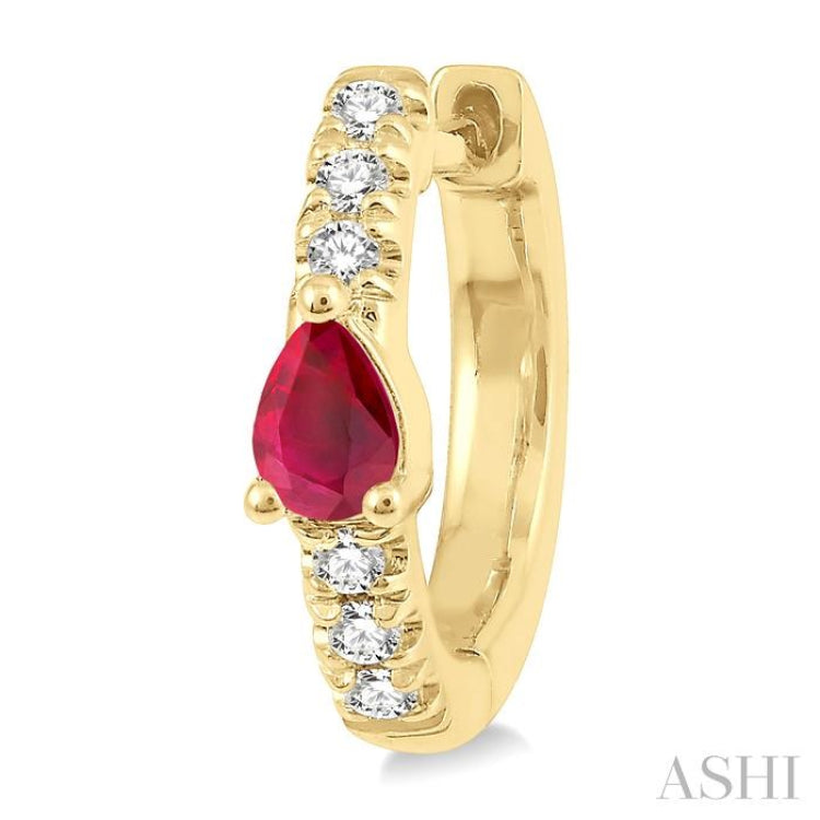 4X3 MM Pear Cut Ruby and 1/10 Ctw Round Cut Diamond Petite Huggie Earrings in 10K Yellow Gold