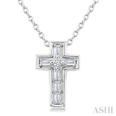 1/20 Ctw Baguette and Round Cut Diamond  Cross Shape Fashion Pendant With Chain in 10K White Gold