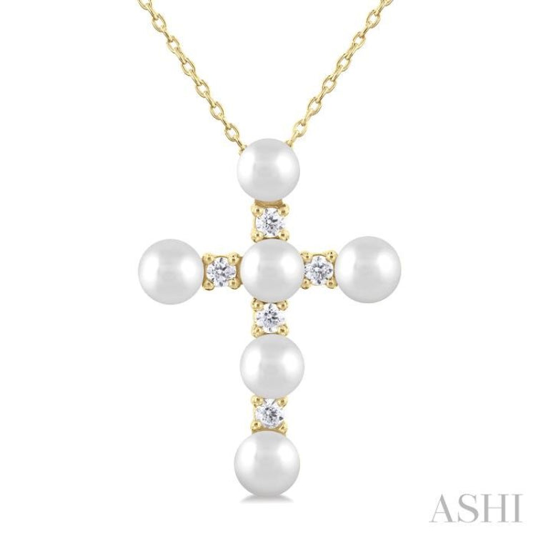 4 MM Cross Cultured Pearl and 1/6 Ctw Round Cut Diamond Fashion Pendant With Chain in 10K Yellow Gold