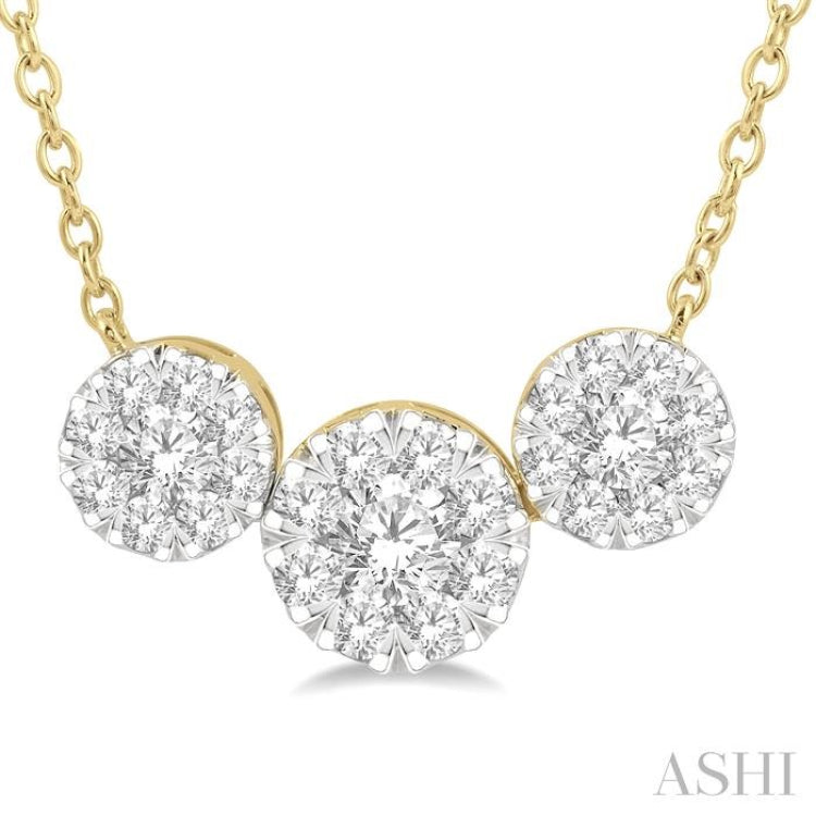 1 1/2 ctw 3-Stone Lovebright Round Cut Diamond Necklace in 14K Yellow & white Gold