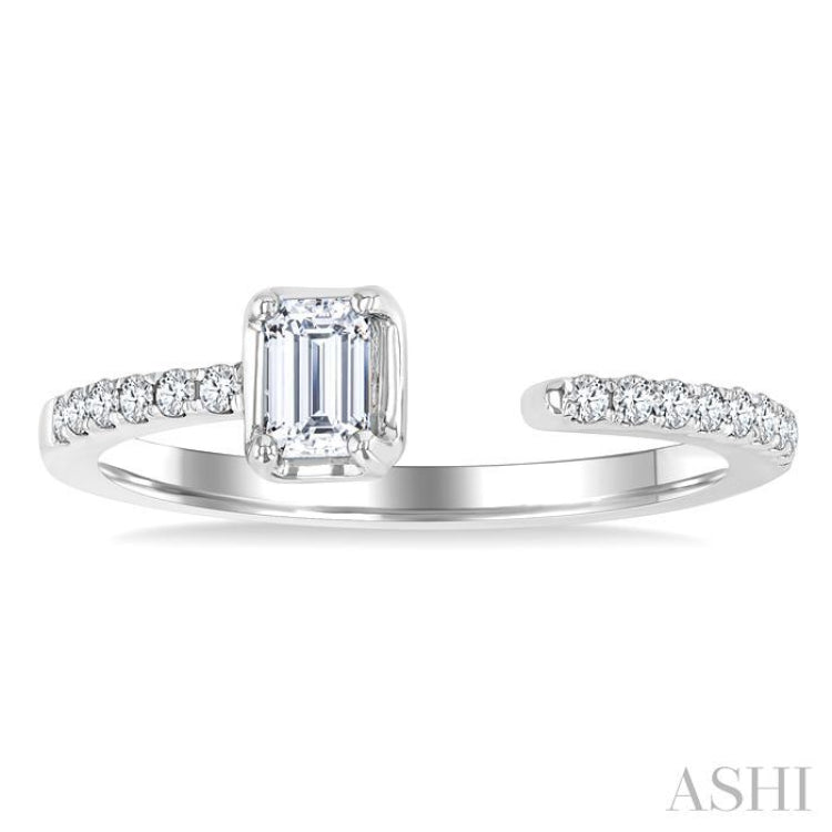 3/8 Ctw Emerald and Round Cut Diamond Fashion Open Ring in 14K White Gold