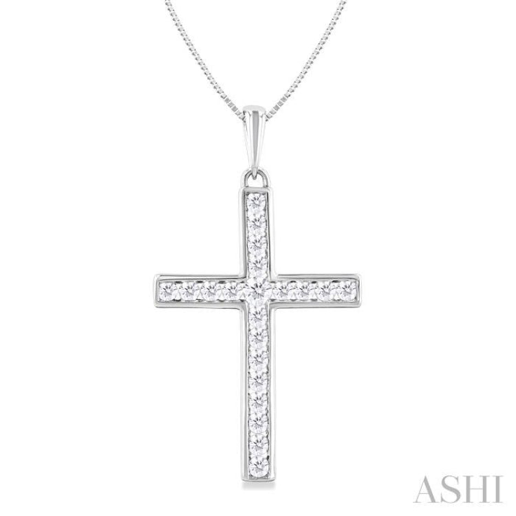 1/2 Ctw Round Cut Diamond Channel Set 1-Inch Plate Cross Pendant With Chain in 14K White Gold