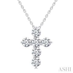 3/4 Ctw Round Cut Diamond Christian Cross 6-Stone Fashion Pendant With Chain in 14K White Gold