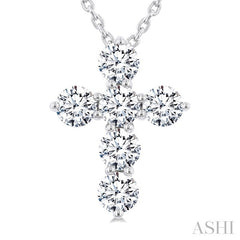 3/4 Ctw Round Cut Diamond Christian Cross 6-Stone Fashion Pendant With Chain in 14K White Gold