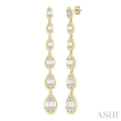 1 1/2 ctw Pear Shape Fusion Baguette and Round Cut Diamond Fashion Long Earring in 14K Yellow Gold