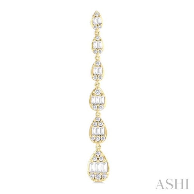 1 1/2 ctw Pear Shape Fusion Baguette and Round Cut Diamond Fashion Long Earring in 14K Yellow Gold